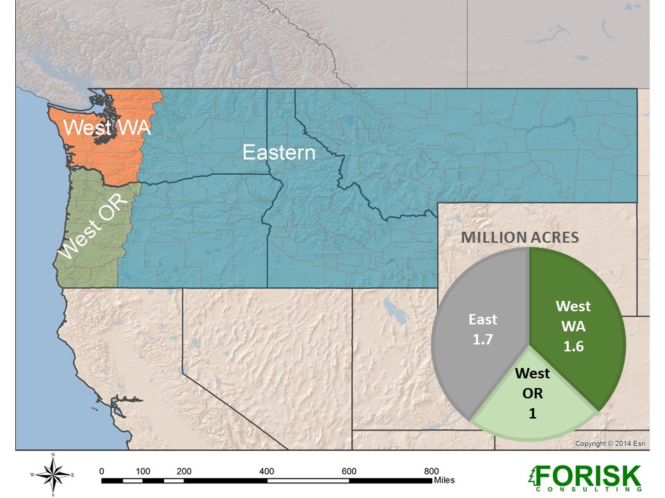 Figure 1. Three regions in the western silviculture survey and total acres represented.